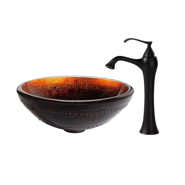KRAUS Prometheus Glass Vessel Sink in Brown with Ventus Faucet in Oil Rubbed Bronze