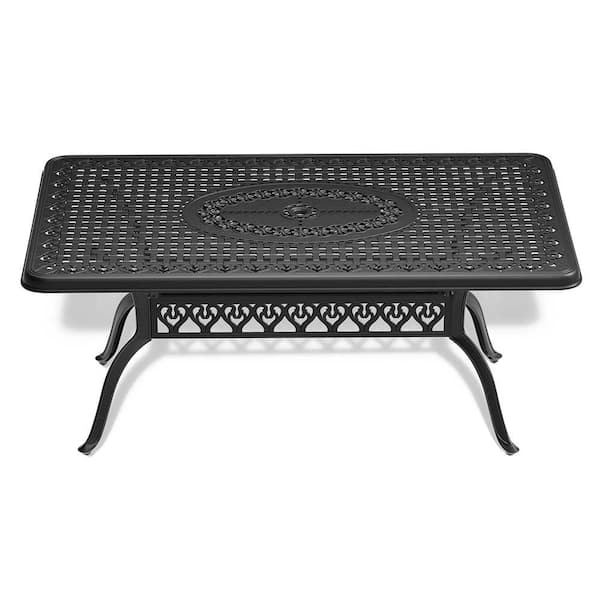 68.9 in. L x 37.4 in. W Cast Aluminum Patio Dining Table with Black Frame and Umbrella Hole