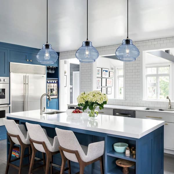 Jasslynn 60 Watt 1 Light Blue Modern Pendant Light with Bell Glass Shade for Dining Room Foyer Bathroom Kitchen Island