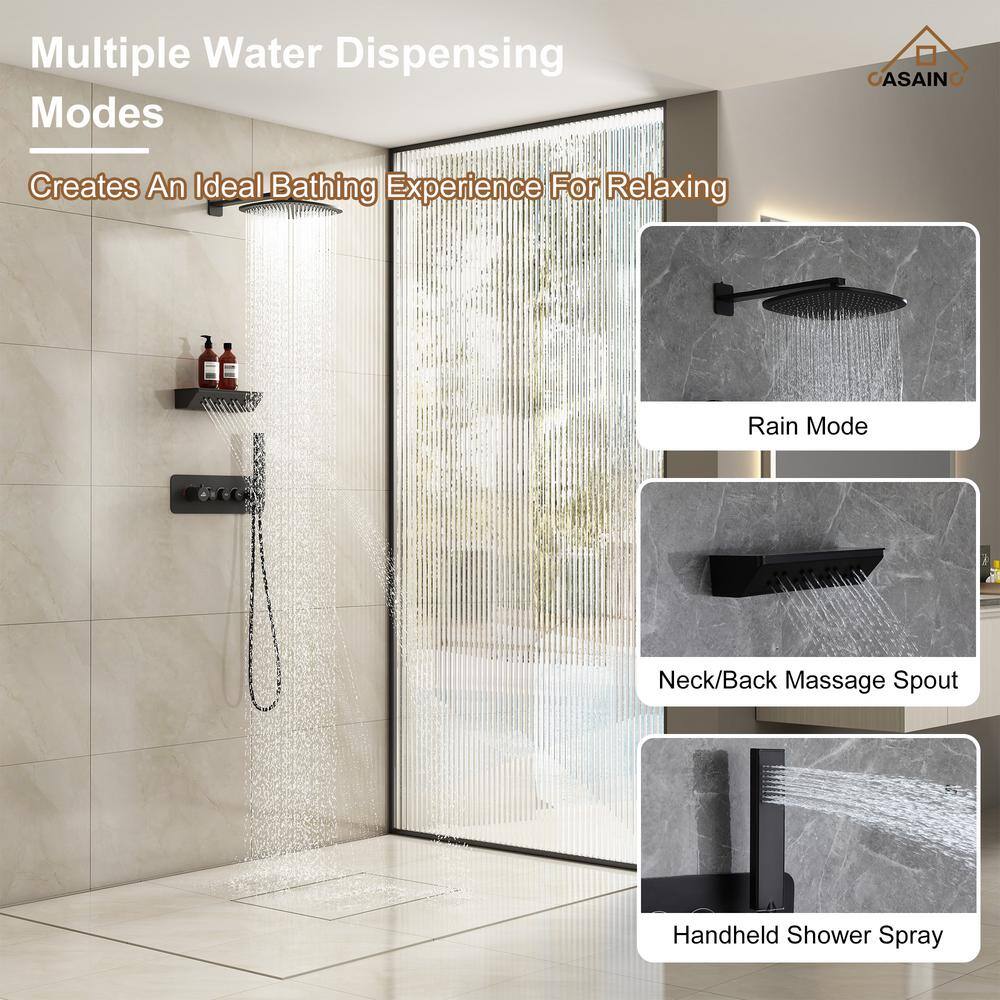 Matte Black Wall Mounted Shower System with Rainfall and Neck Massage