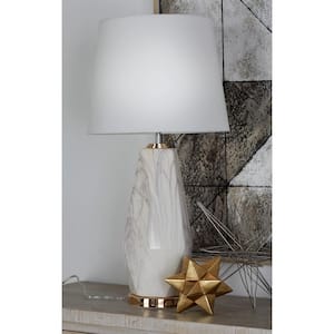 30 in. White Ceramic Faux Marble Task and Reading Table Lamp with Gold Base
