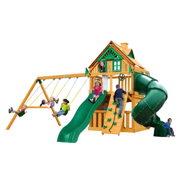 Gorilla Playsets Mountaineer Clubhouse Treehouse Wooden Outdoor Playset with Tube Slide, Rock Wall, and Backyard Swing Set Accessories