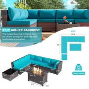 8-Piece Wicker Patio Conversation Set with 55000 BTU Gas Fire Pit Table and Glass Coffee Table and Blue Cushions