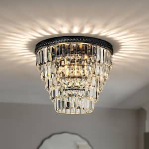 16 in. Transitional Tierd Crystal Flush Mount Light in Matte Black