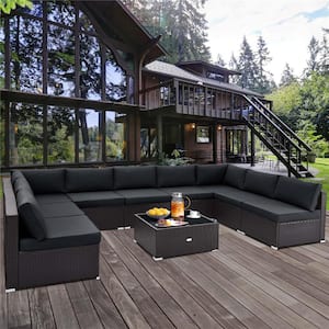 10-Piece Metal Wicker Outdoor Sectional Set with Black Cushions Outdoor Wicker Sofa Table