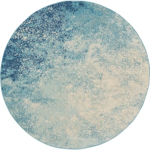 Passion Navy Light Blue 4 ft. x 4 ft. Abstract Contemporary Round Area Rug