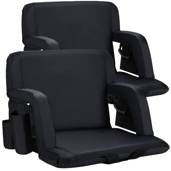 Black Steel Folding Stadium Chair with Thick Cushion, Adjustable Recline, Armrests, Cup Holders and Storage Pockets