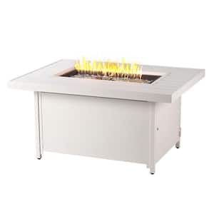 48 in. x 36 in. White Rectangular Aluminum Propane Fire Pit Table, Glass Beads, 2 Covers, Lid, 55,000 BTUs