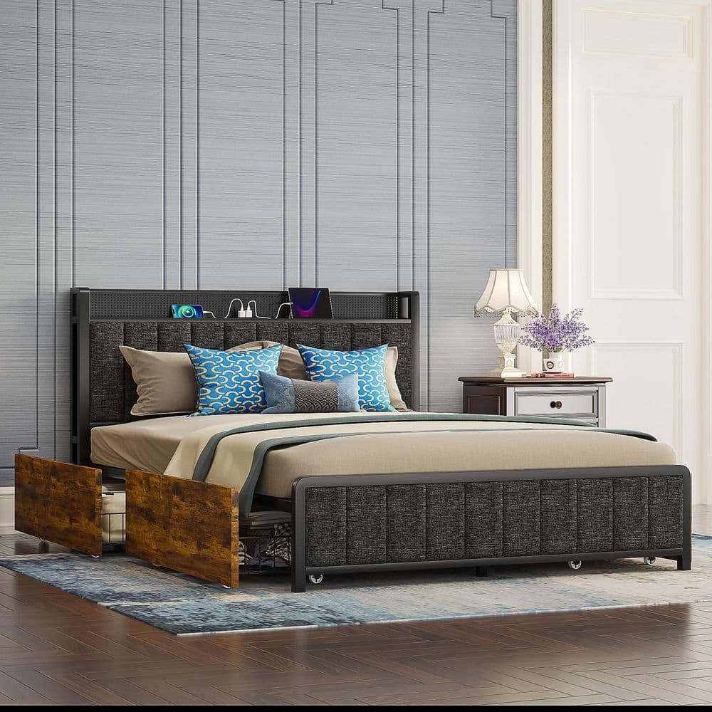 Rustic Bed Brown Metal Frame Queen Platform Bed with Upholstered Headboard, USB Port and 4-Rolling Storage Drawers - thumbnail 2