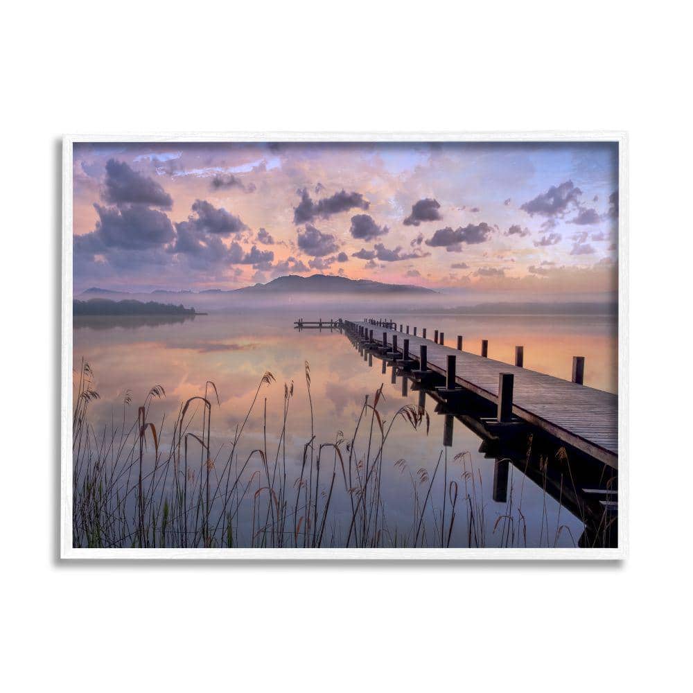 Stupell Industries Misty Lake Dock Landscape Sunset Grass By Mike Calascibetta Framed Print Nature Texturized Art 24 in. x 30 in., Blue -  ai-554_wfr24x30