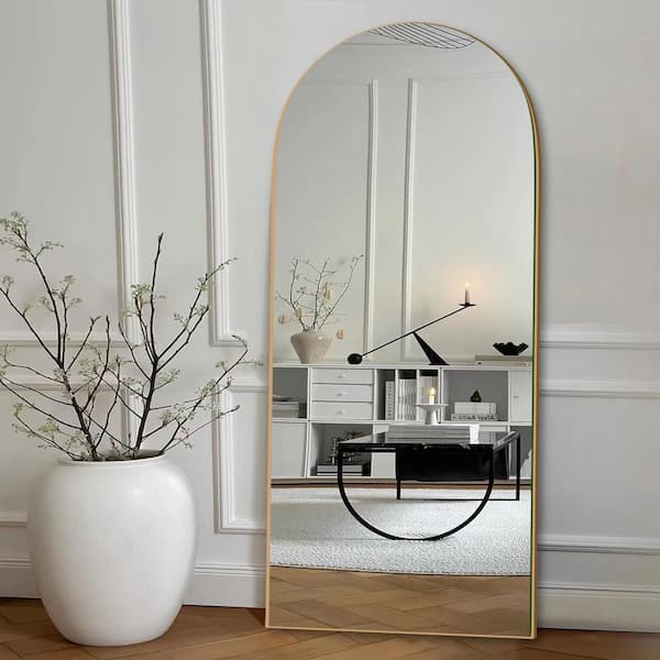 24 in. W x 71 in. H Classic Arched Wood Full Length Mirror Gold Wall Mounted Standing Mirror Floor Mirror