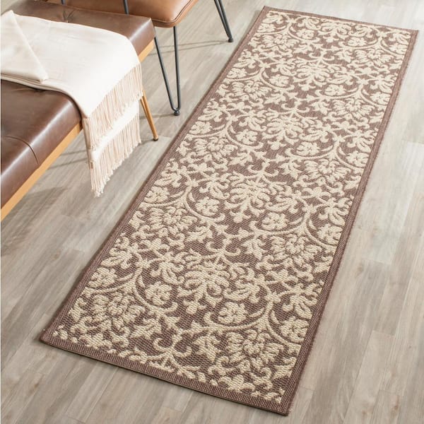Courtyard Chocolate/Natural 2 ft. x 14 ft. Floral Indoor/Outdoor Patio  Runner Rug