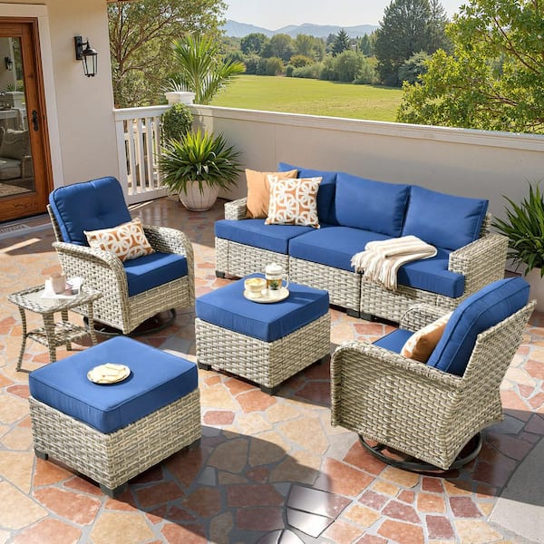 Essence 8 Pieces Wicker Outdoor Patio and Swivel Rocking Chairs with Navy Blue Cushions