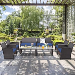 8-Piece Rattan Outdoor Patio Conversation Set Furniture Set with Navy Cushions