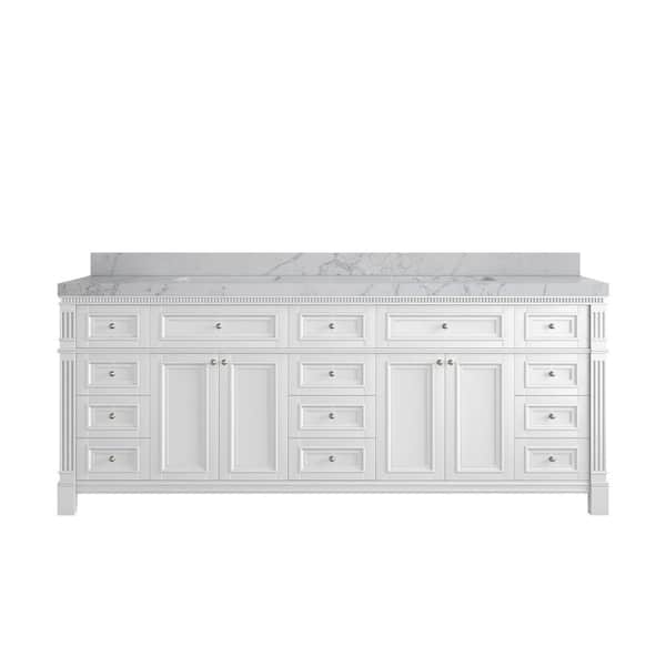 Willow Collections Paris 84 in. W x 22 in. D x 36 in. H Double Sink Bath Vanity in White with 2 in. Venatino qt. Top