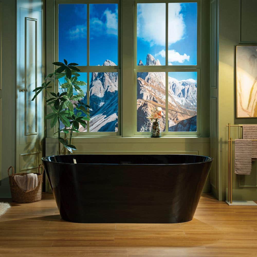 67'' Glossy Black Acrylic Freestanding Soaking Bathtub