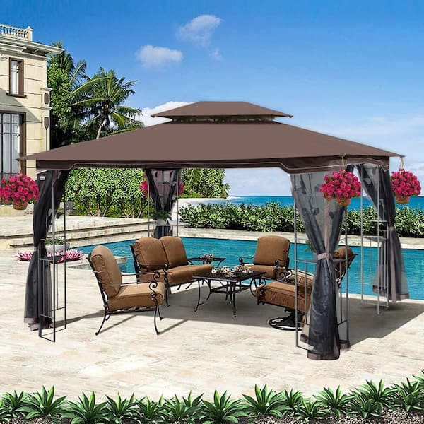 13 ft. x 10 ft. Brown Top Outdoor Patio Gazebo Canopy Tent with Ventilated Double Roof and Mosquito Net (Gazebo)