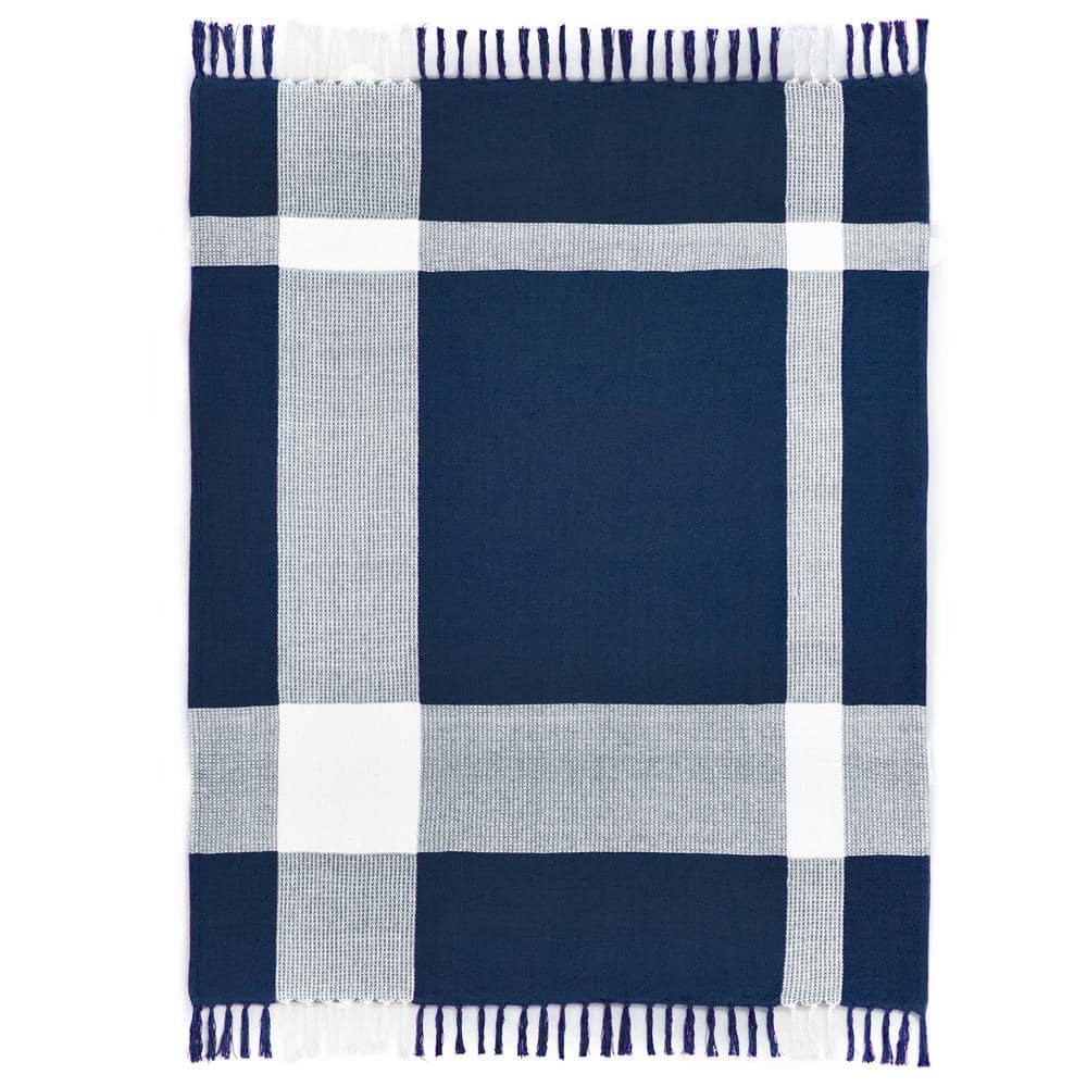 Hailee Blue/White Hand-Woven Plaid Farmhouse All Natural Cotton Throw Blank