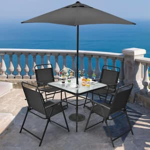 Gray 6-Piece Metal Patio Outdoor Dining Set and Umbrella