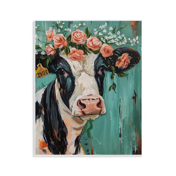 Stupell Industries Floral Cow on teal by LSR Design Studio Unframed Animal Graphic Art Print 14 in. x 11 in.