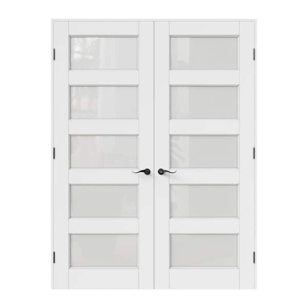 56 in. x 80 in. Universal 5-Lite Frosted Glass White Solid Core MDF Double French Door Kit with Quick Assemble Jamb