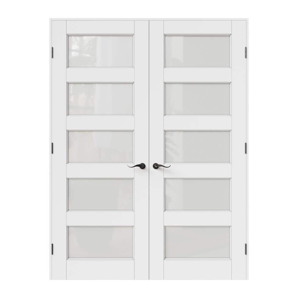 56 in. x 80 in. White Frosted Glass Solid Core MDF Double Prehung French Door