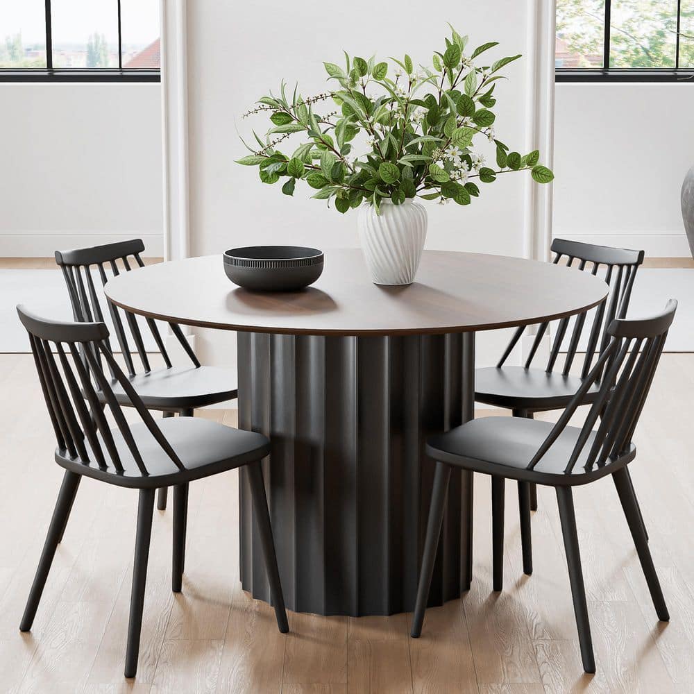 5-Pieces Round Walnut Wooden Top Dining Table Set 4-Seats with Polypropylene Frame, Spindle Back Chair in Contemporary