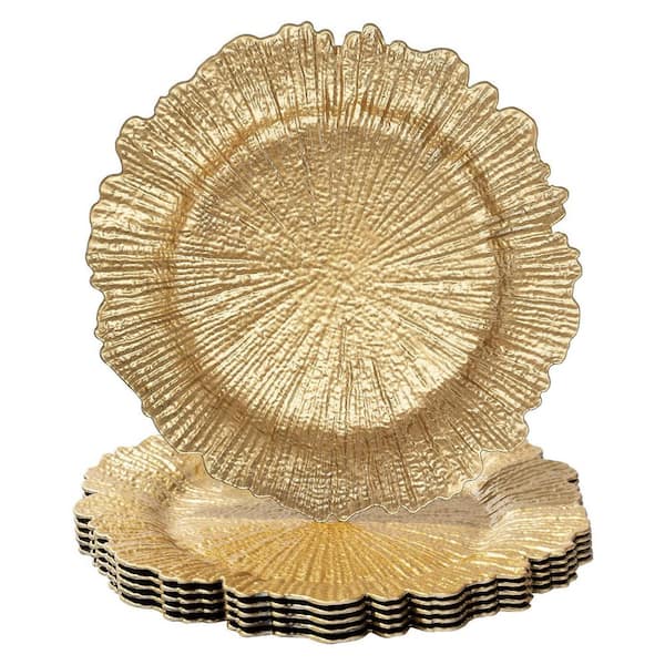 13 in. Gold Charger Plates (Set of 6), Reef Plate Chargers for Dinner Plates, Plastic Table Chargers for Christmas