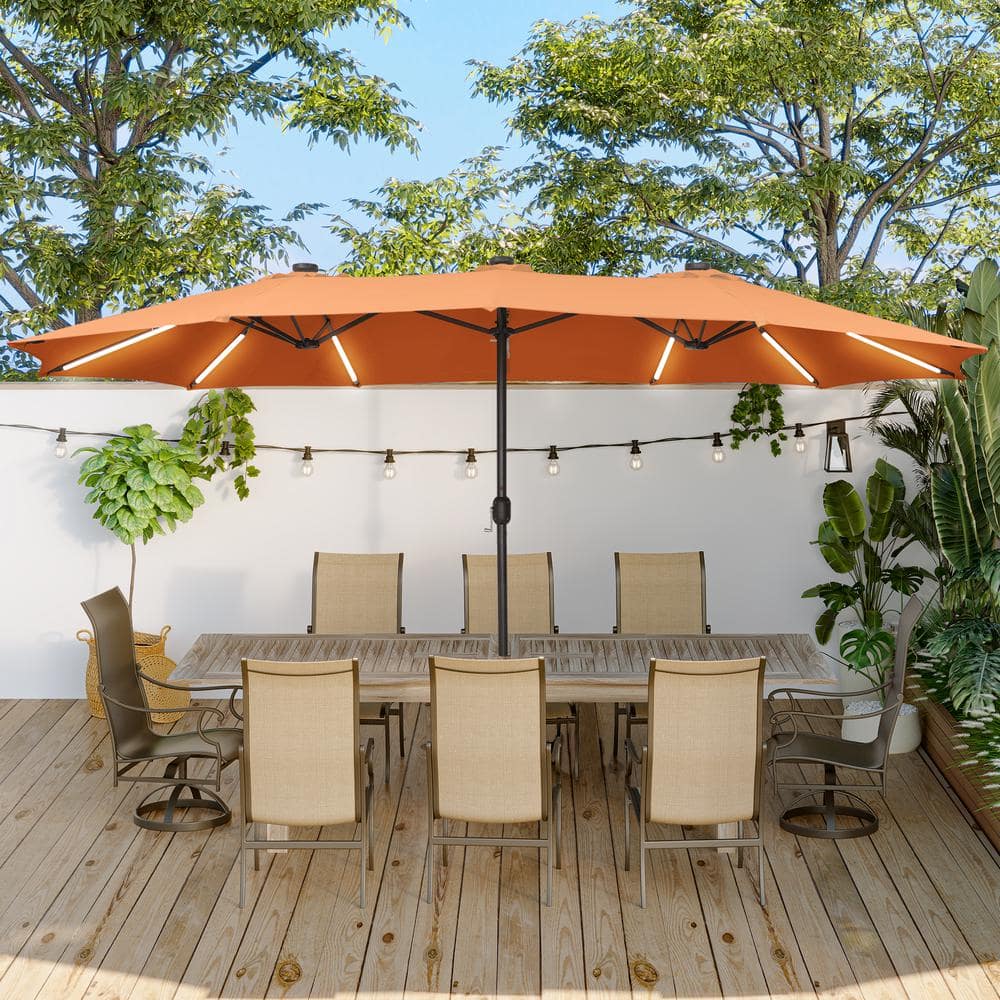 15 ft. Iron Market Patio Umbrella in Orange with Base and Solar LED Strip L