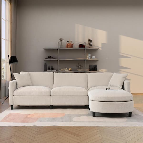 Harper & Bright Designs Reversible 107.87 in. W Straight Arm Polyester Sectional Sofa in. Beige with Removable Ottoman