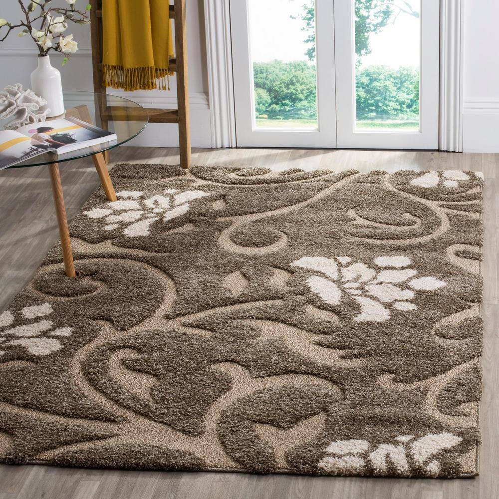 Smoke Beige Floral Sculpted Shag 4' Square Rug