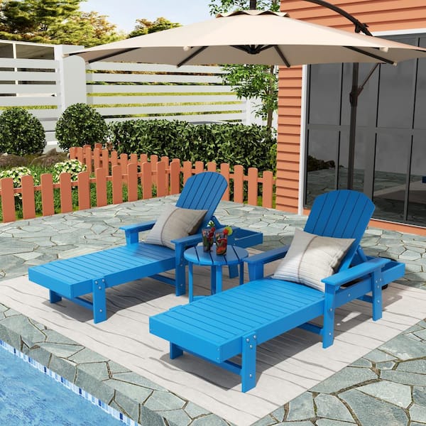 Altura 3-Piece Classic All Weather Adirondack Poly Reclining Outdoor Chaise Lounge Chair with Arms in Pacific Blue