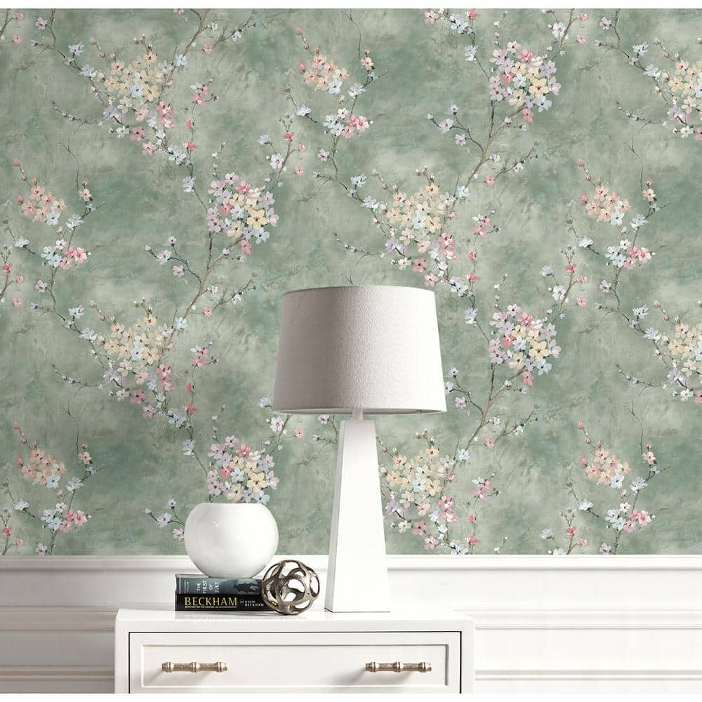 Green Smoke Floral Blossom Peel and Stick Wallpaper Roll