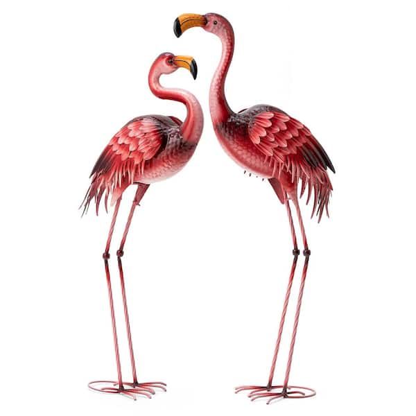 Glitzhome 35.25 in. H/38.5 in. H Metal Standing Flamingo  Garden Statue  with Stakes (Set of 2)