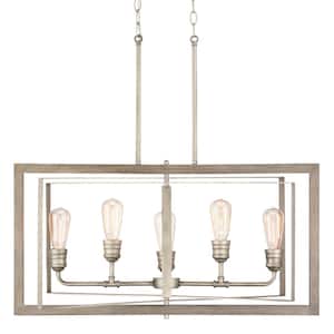 Palermo Grove 32 in. 5-Light Antique Nickel Farmhouse Linear Chandelier with Painted Weathered Gray Wood Accents
