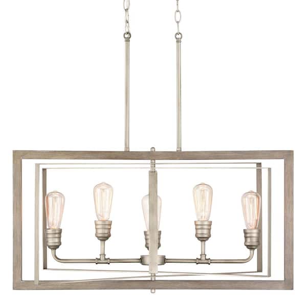 Home Decorators Collection Palermo Grove 32 in. 5-Light Antique Nickel Farmhouse Linear Chandelier with Painted Weathered Gray Wood Accents