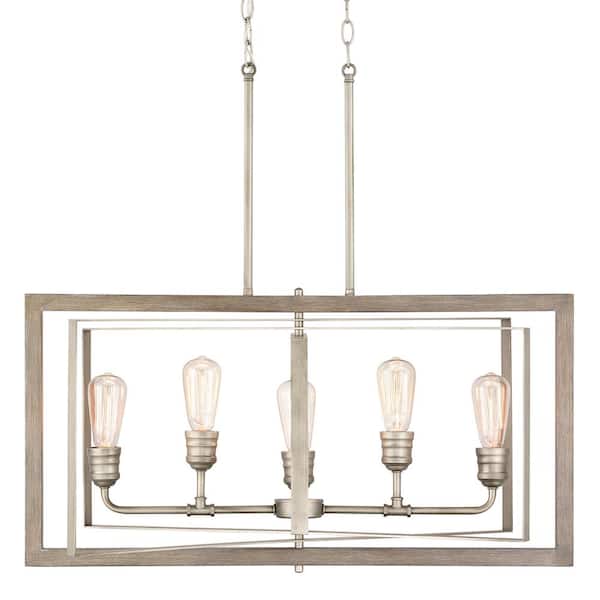 Home Decorators Collection Palermo Grove 32 in. 5 Light Antique Nickel Farmhouse Linear Chandelier with Painted Weathered Gray Wood Accents 7922HDCANDI The Home Depot
