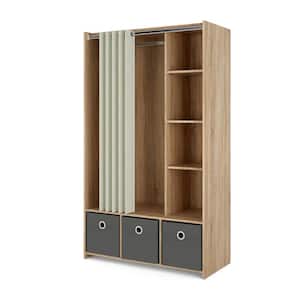 Lola Oak Structure/Natural Fabric/Grey Textile Armoire with 3-Bins and Curtain 71.02 in. H x 41.34 in. W x 19.00 in. D