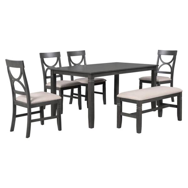 maocao hoom 6Piece Gray Wood Dining Table Set with Beige Upholstered