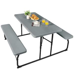Gray Rectangle Plastic Outdoor Folding Picnic Table Bench Set with Wood-Like Texture
