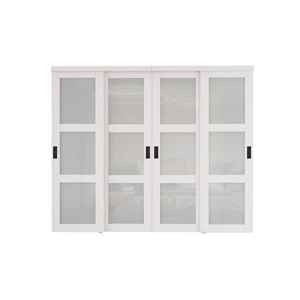 96 in. x 80 in. 3-Lite Frosted Glass White Finished MDF Interior Closet Sliding Door with Hardware and Black Handles