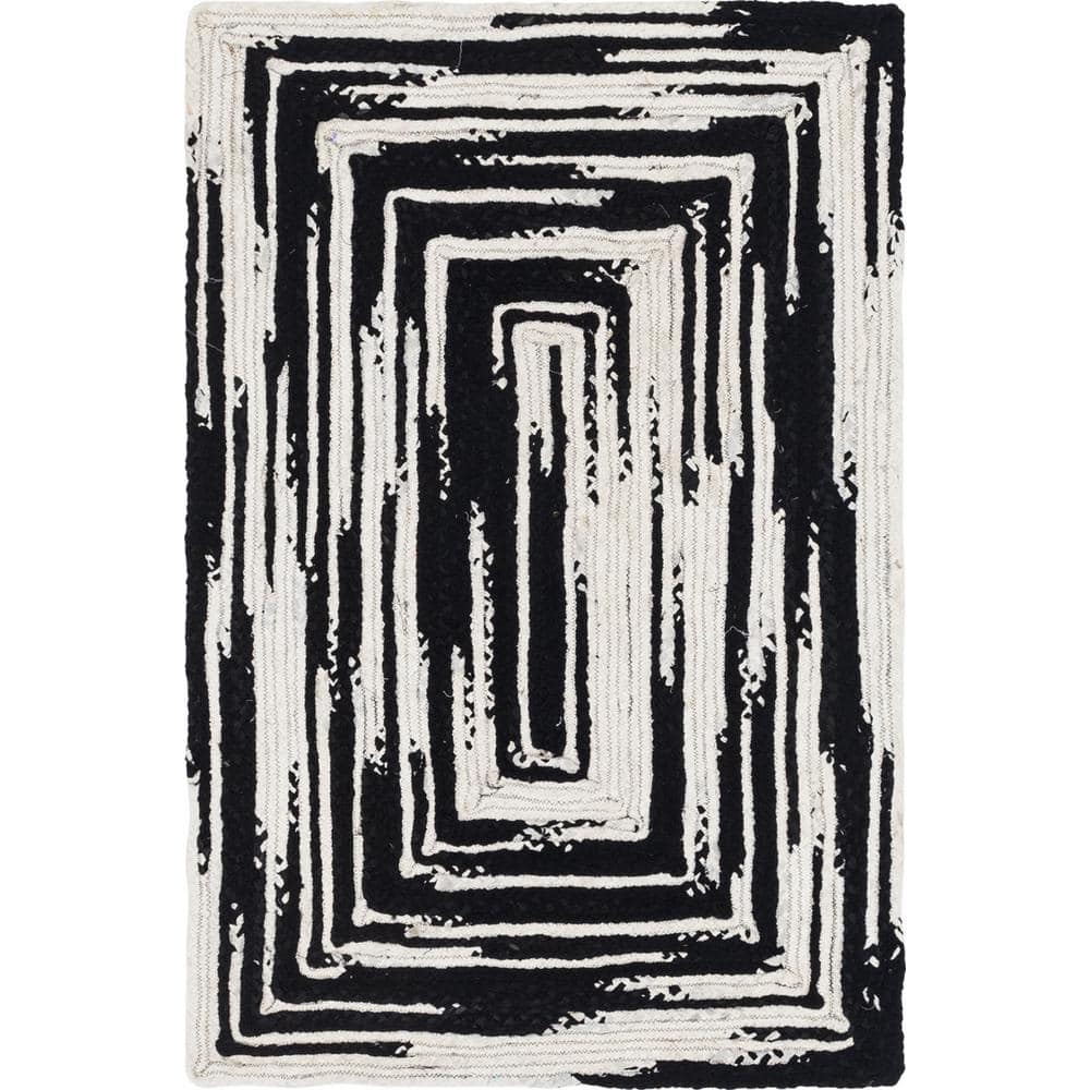 Hand-Braided Black and Ivory Cotton 2x3 Rectangular Rug