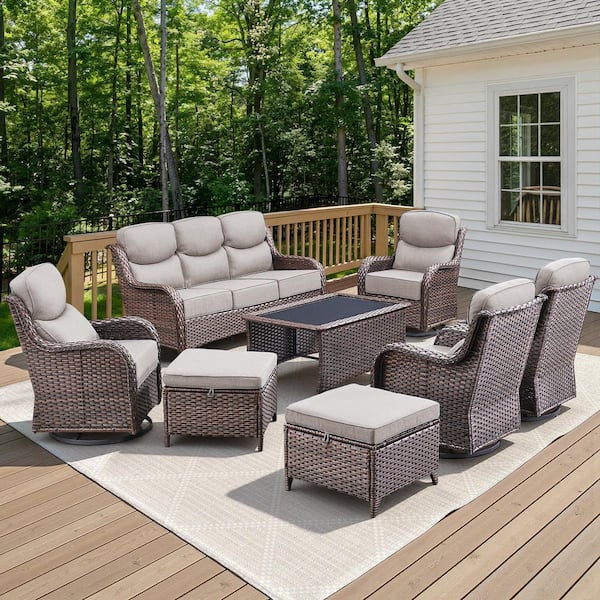 Arcadia Brown 8-Piece Wicker Patio Conversation Set with Swivel Gliders and 6 in. Thick Olefin Beige Cushions