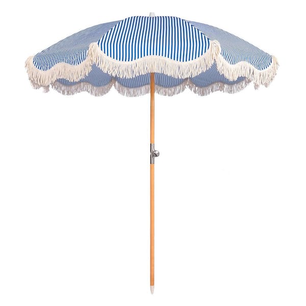 6.5 ft. Tilt Beech Wood Beach Umbrella in Blue Stripe with Tassel