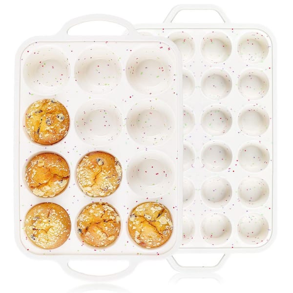 2-Pack Silicone Muffin Pan with Metal Reinforced Frame, Regular 12 Cup and Mini 24 Cup, BPA Free, Dishwasher Safe