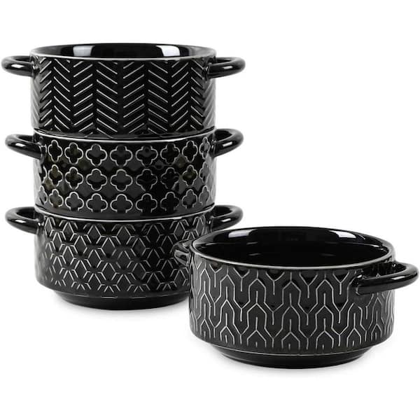 4-Piece Black Ceramic Soup Bowls Set with Handles Oven Safe Embossed French Onion Crocks for Stew Pot Pie