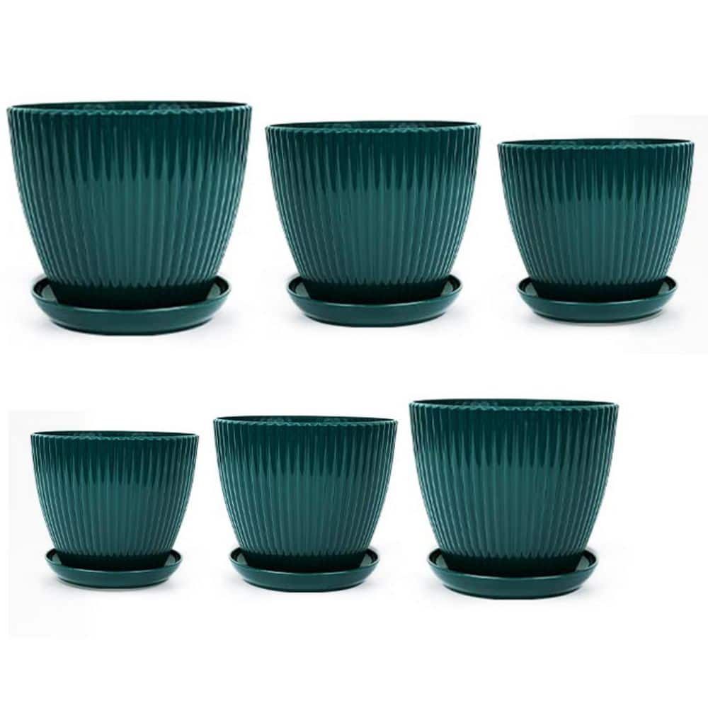 Dark Green Plastic Round Planter Set (6-Pack) L0CNJXG7ZR - The