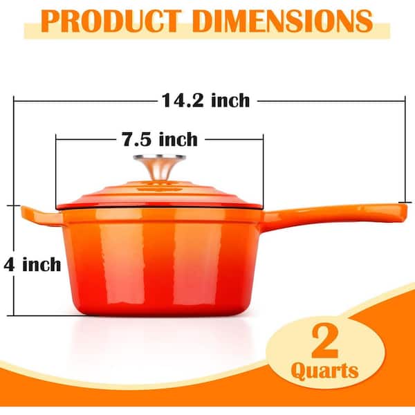 UUDULY 2-Piece Orange Enameled Cast Iron Saucepan Set Induction