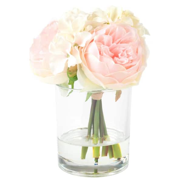 Pure Garden 7.5 in. Artificial Hydrangea and Rose Floral Pink and Cream Arrangement