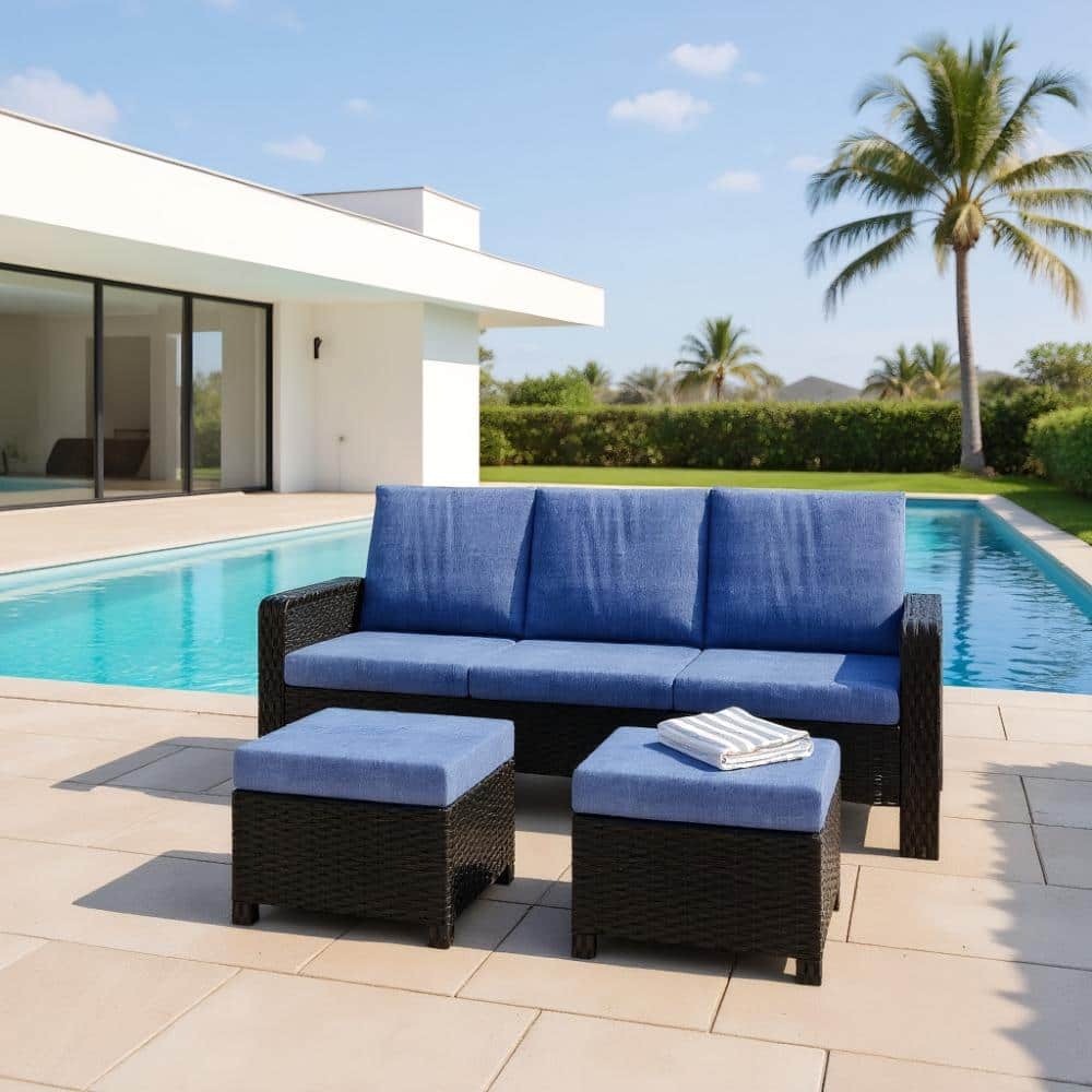Blue 71in 3-Seats Woven Rattan Outdoor Sofa with1 Triple and 2 Stirrups Waterproof price history on PriceWatchPro